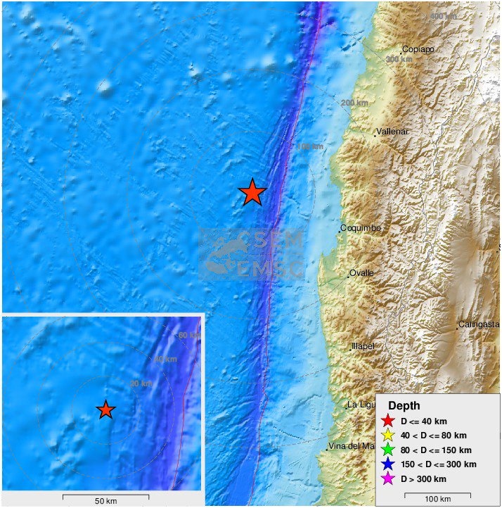 Felt earthquake (sismo) M5.6 strikes 146 km NW of Coquimbo (Chile) 13 min ago.    