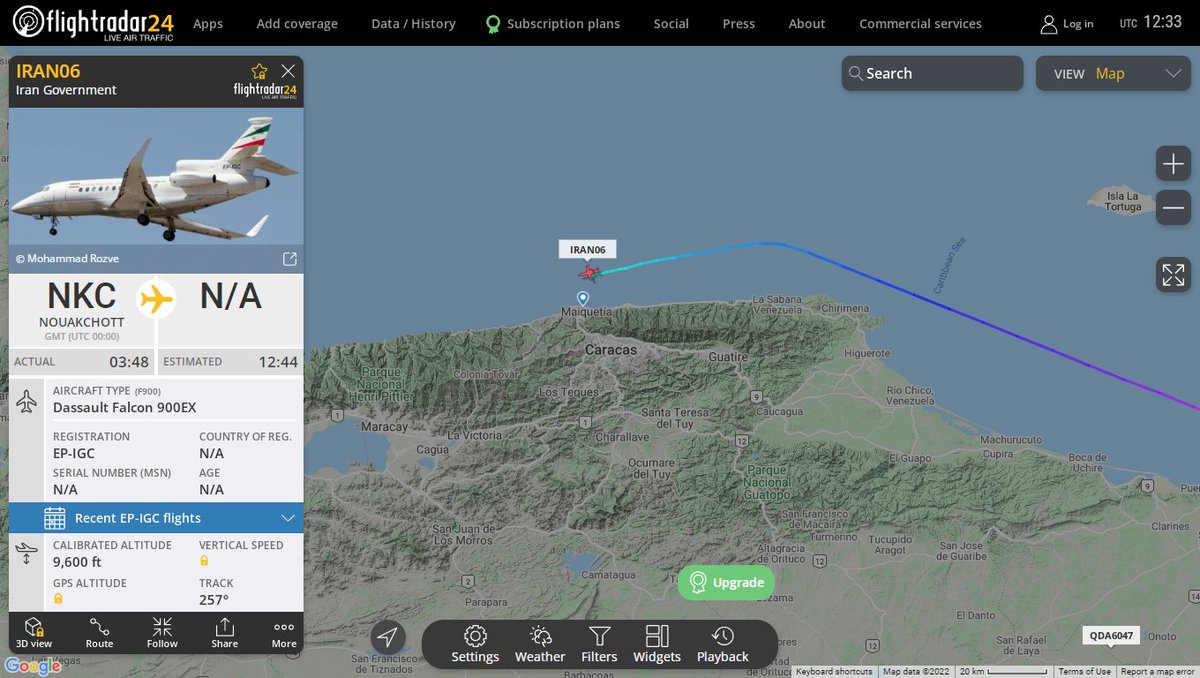 Iranian government jet landing in Caracas this morning