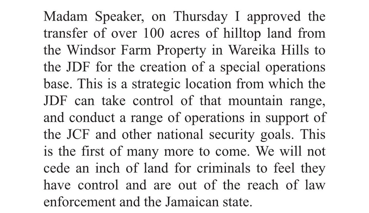 Prime Minister approves @JDFSoldier taking control of lands in Wareika Hills to disrupt criminal activity in Eastern Kingston - Bull Bay etc