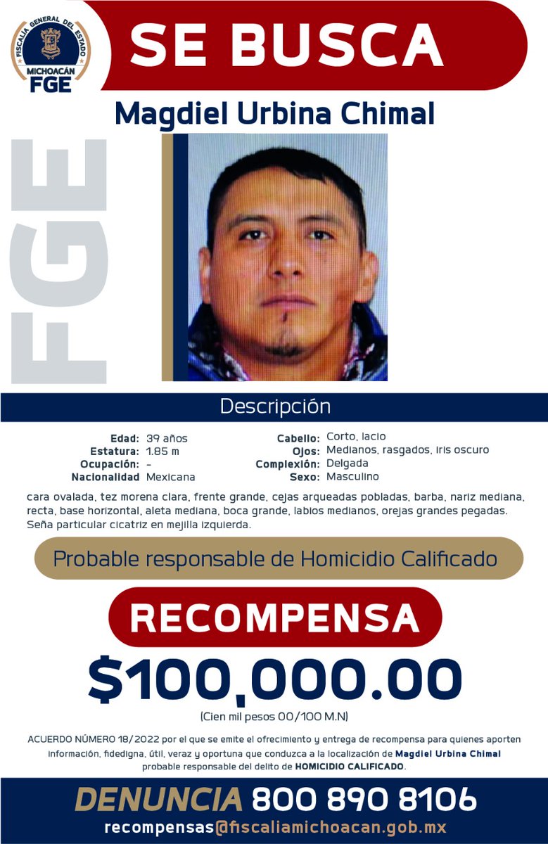 The Michoacán Prosecutor's Office issues a search and reward alert for those who provide information leading to the location of Carlos Gerardo Sánchez Mendoza and Magdiel Urbina Chimal, for their alleged responsibility in the murder of journalist Armando Linares