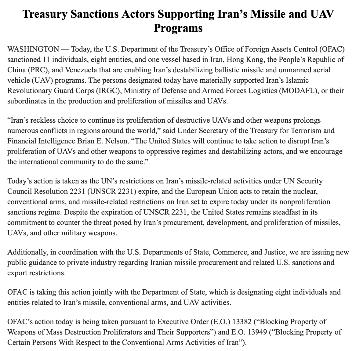 US rolls out sanctions vs individuals & entities in Iran, HongKong, China & Venezuela that are enabling Iran’s destabilizing ballistic missile and unmanned aerial vehicle (UAV) programs per @USTreasury