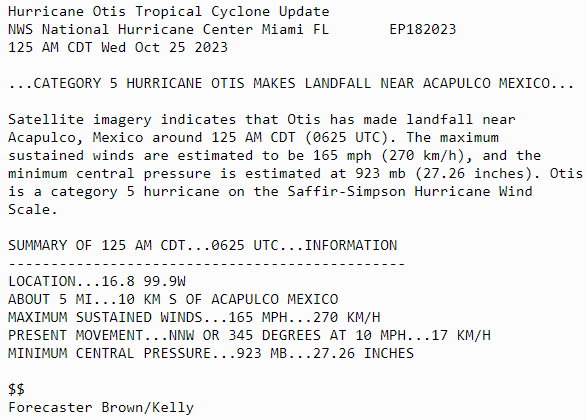 Category 5 Hurricane Otis makes landfall near Acapulco Mexico with maximum sustained winds estimated to be 165 mph