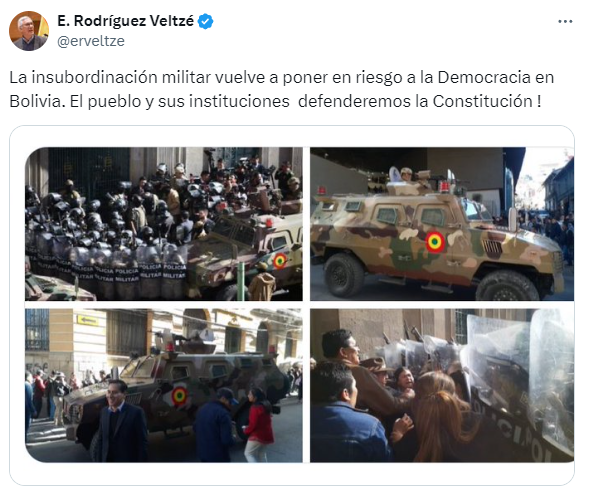 Former president Eduardo Rodríguez Veltzé questions the military takeover of the Palacio Quemado. Military insubordination once again puts Democracy in Bolivia at risk