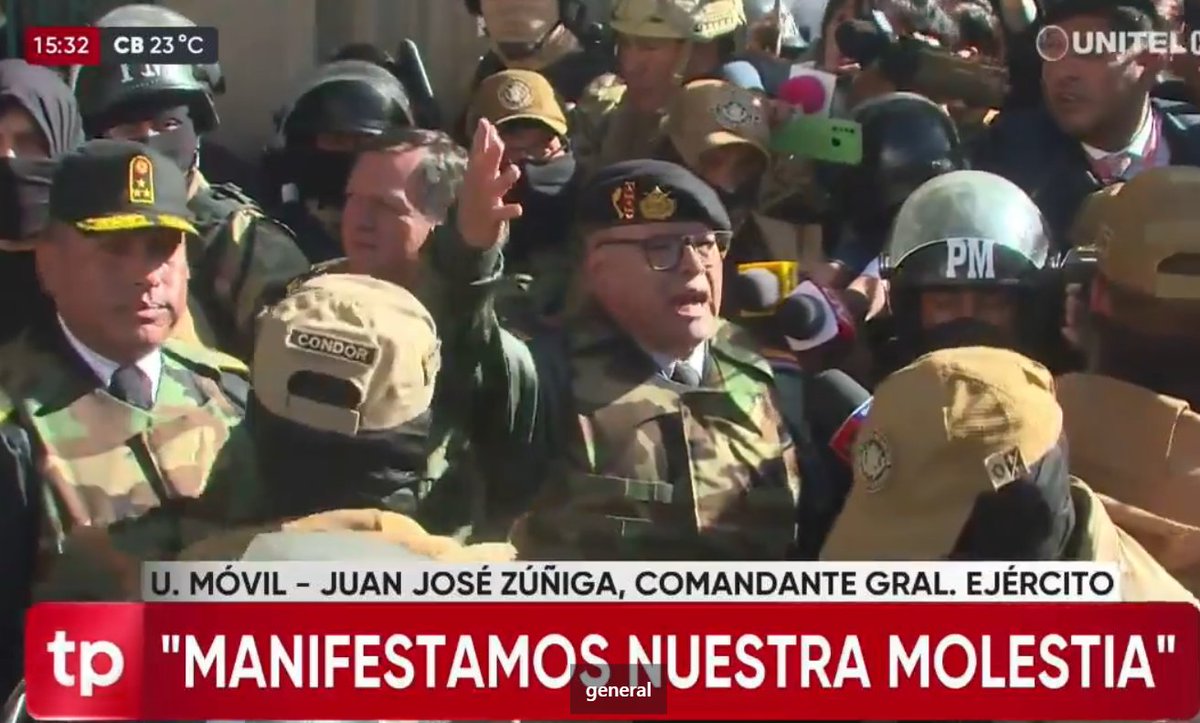 General Zúñiga made a statement in Plaza Murillo stating they would take the Casa Grande del Pueblo (Bolivian presidential residence)