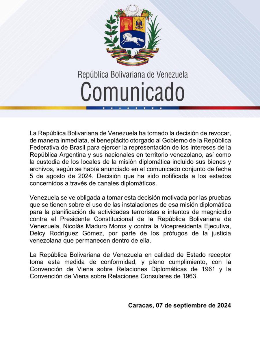 Maduro government confirms that it has unilaterally revoked permission for Brazil to guard the Argentine Embassy in Caracas