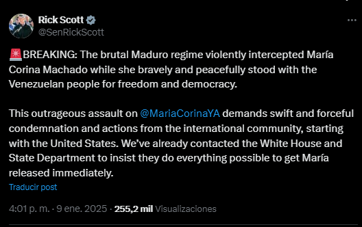 Florida Senator Rick Scott (@SenRickScott) denounced the arrest of opposition leader Maria Corina Machado. The brutal Maduro regime violently intercepted Maria Corina Machado as she bravely and peacefully stood up for freedom and democracy for the Venezuelan people. This heinous attack demands swift condemnation and action  We have already reached out to the White House and the State Department to insist that they do everything possible to free Maria immediately, Scott reported on his X profile.