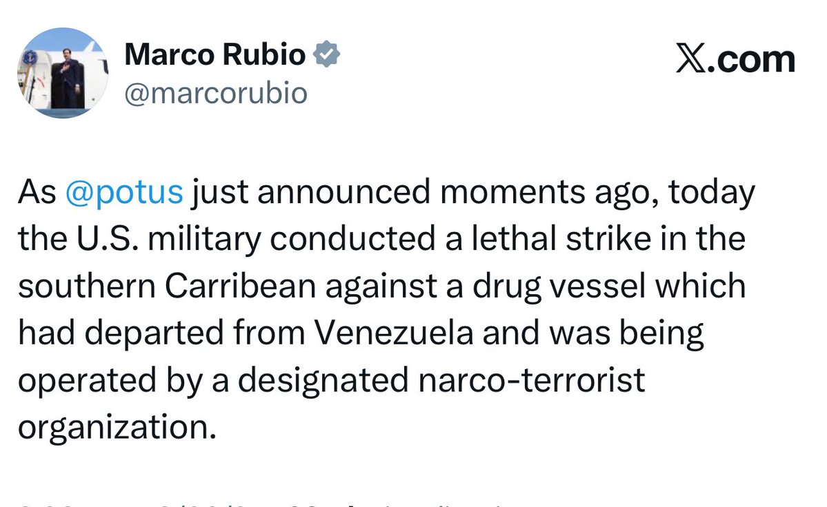 Marco Rubio reports that the U.S. Army fired on and destroyed a drug-laden ship from Venezuela operated by the Cartel of the Suns.