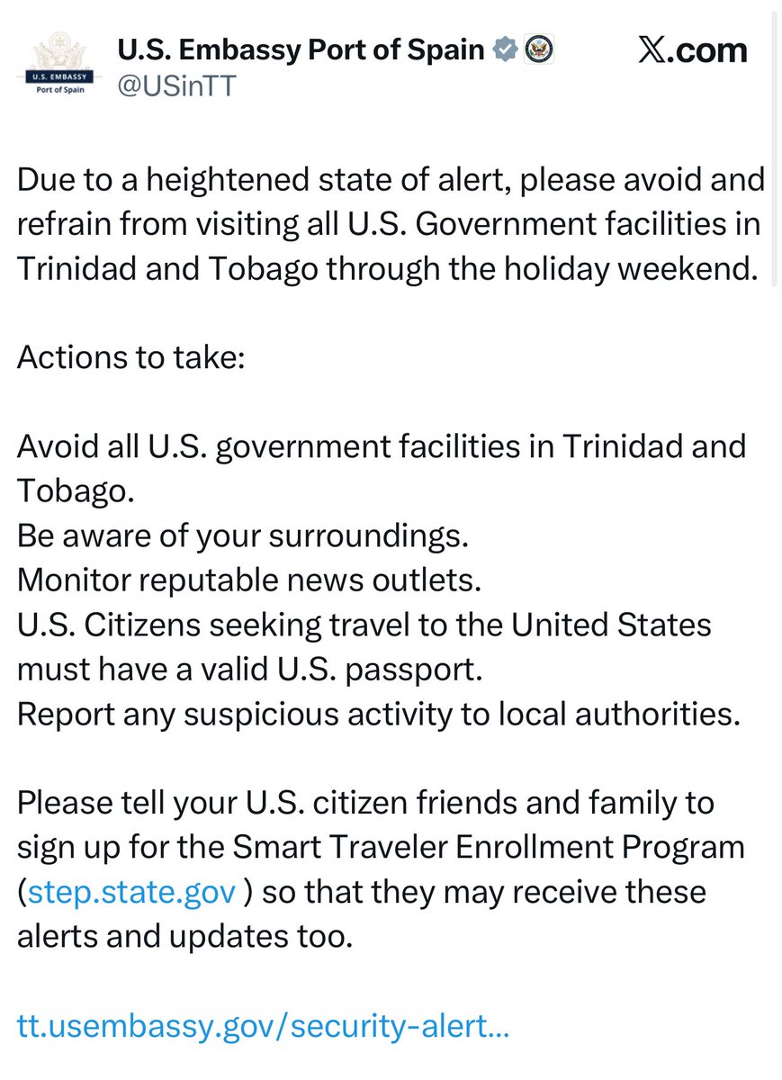 The U.S. Embassy in Trinidad and Tobago has issued an alert to U.S. citizens on the island, urging them to stay away from U.S. government facilities throughout the weekend.
