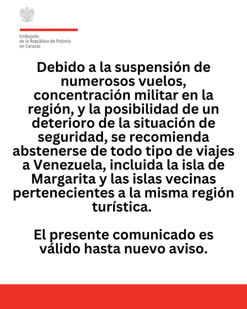 Poland advises its citizens to avoid all travel to Venezuela for safety reasons