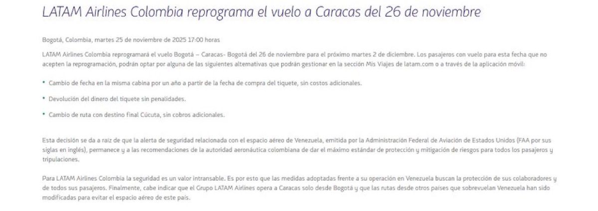 Latam Airlines Colombia announced that it is cancelling its flights to Caracas until Tuesday, December 2, due to the ongoing security alert regarding Venezuelan airspace.
