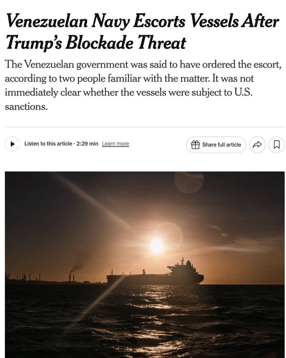 Following Trump's threat of a total embargo on sanctioned Venezuelan oil tankers, Venezuela sent naval escorts to protect ships leaving its ports. The United States is aware of the escorts and is considering options, but has not said what it will do next. Maduro maintains that exports will continue at any price.