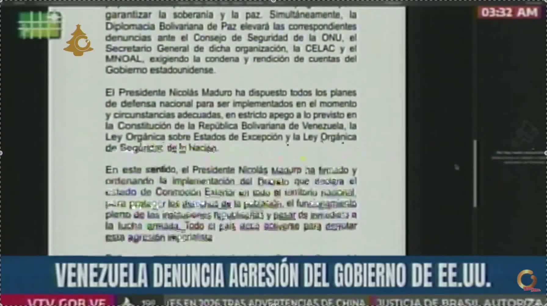 Maduro orders deployment of the Command for the Comprehensive Defense of the Nation. Venezuela reserves the right to exercise legitimate self-defense to protect its people, its territory, and its independence.