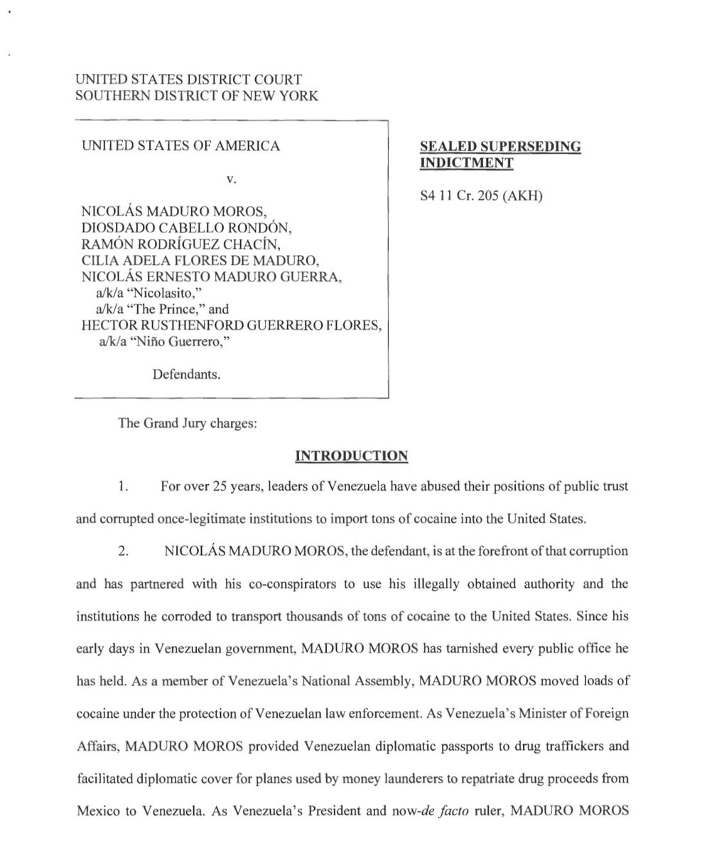 Newly unsealed indictment against Maduro, per @SDNYnews