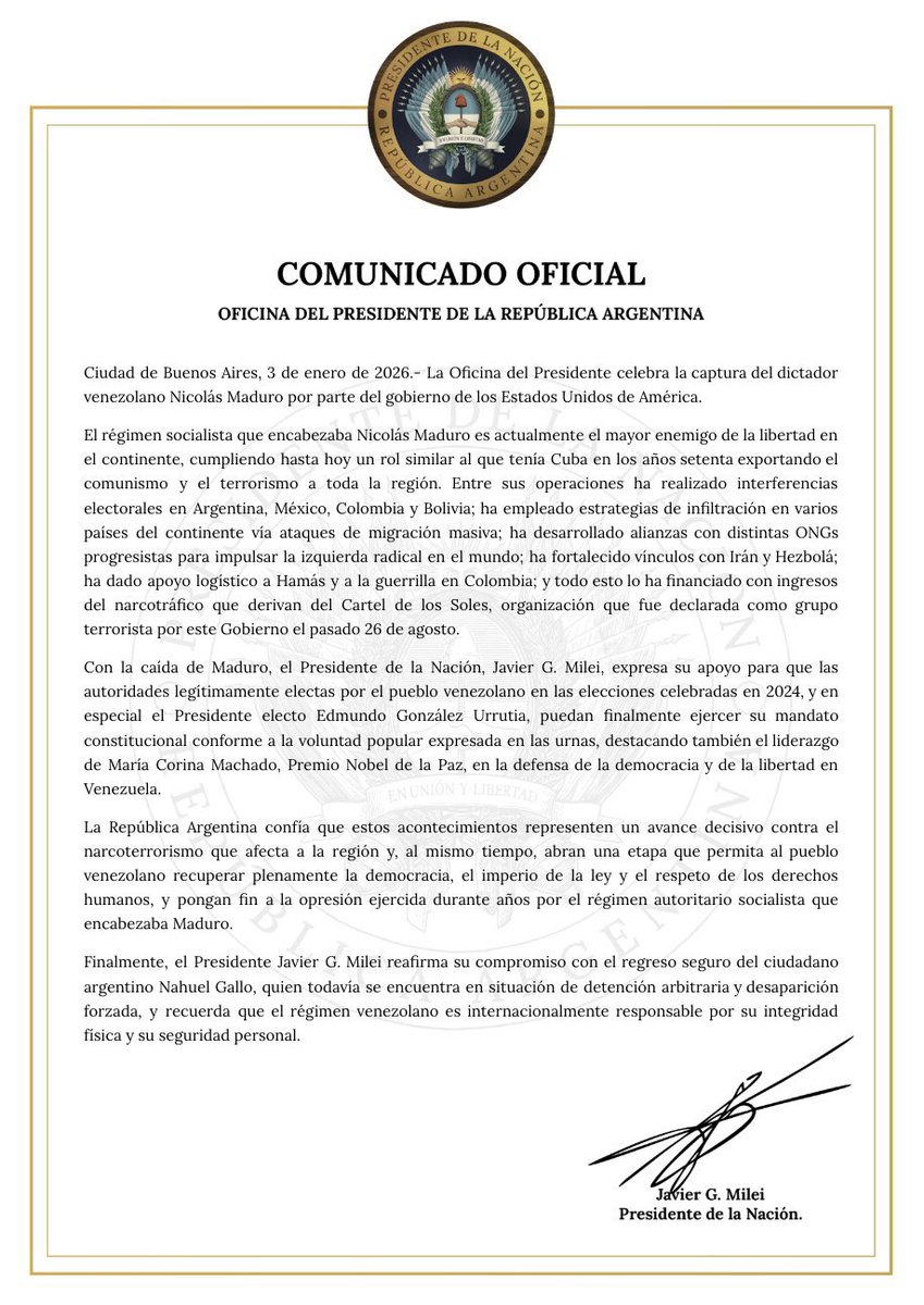 Argentine government celebrates the capture of Maduro