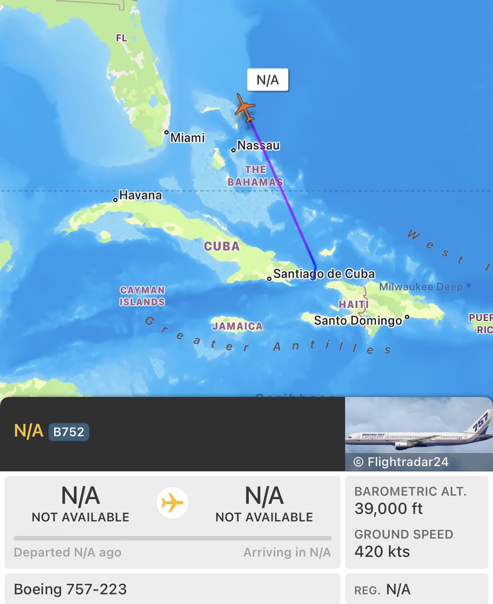 Former Venezuelan President Maduro and his wife have boarded a private plane at Guantanamo Bay Naval Base in Eastern Cuba, likely this Boeing 757-223 linked to the FBI, and is currently enroute to New York City