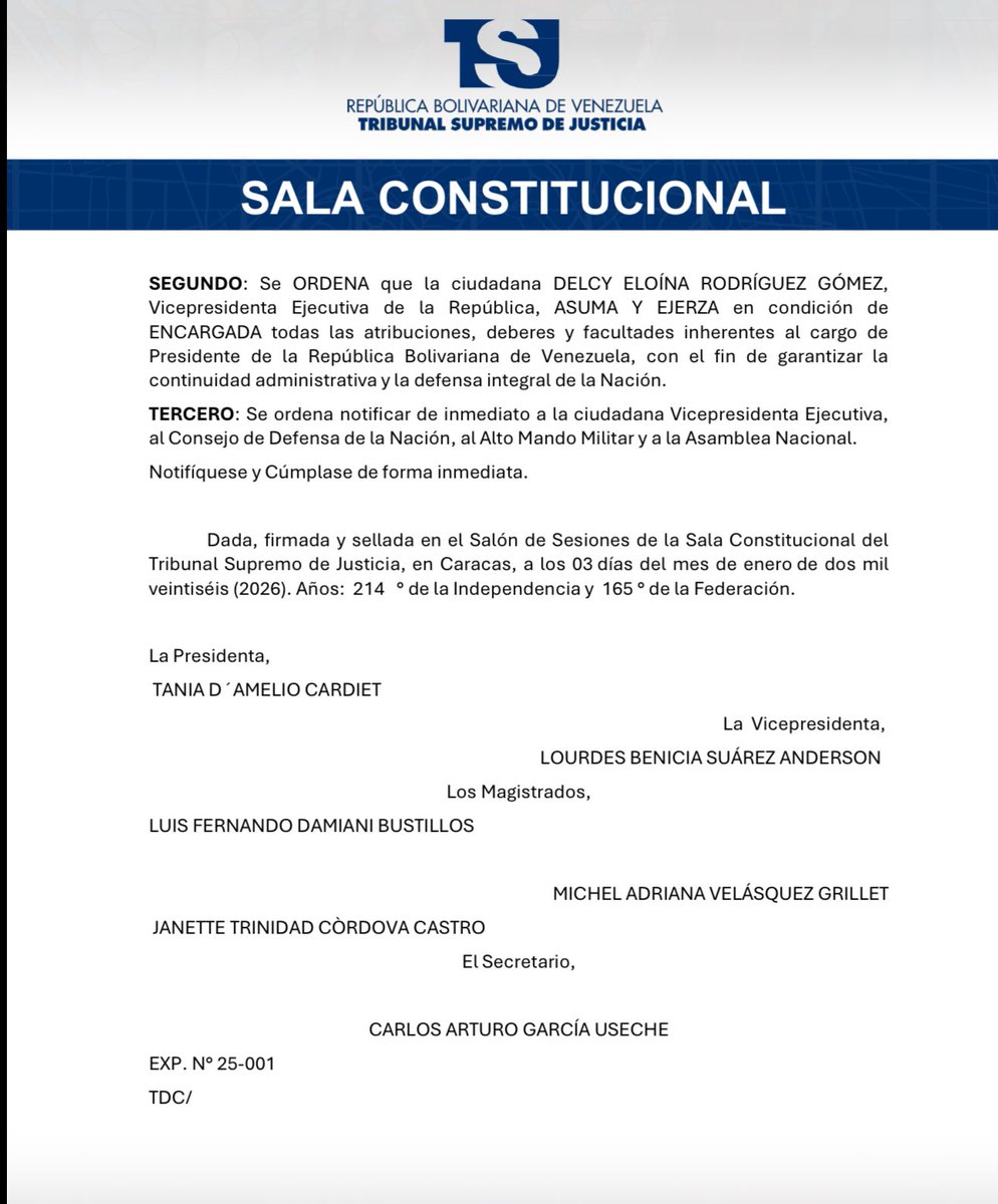 @delcyrodriguezv assumes the role of acting president of Venezuela, according to a decision by the @TSJ_Venezuela