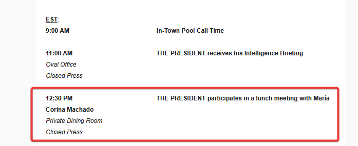 Trump meeting with Venezuelan opposition leader María Corina Machado tomorrow at 12:30pm