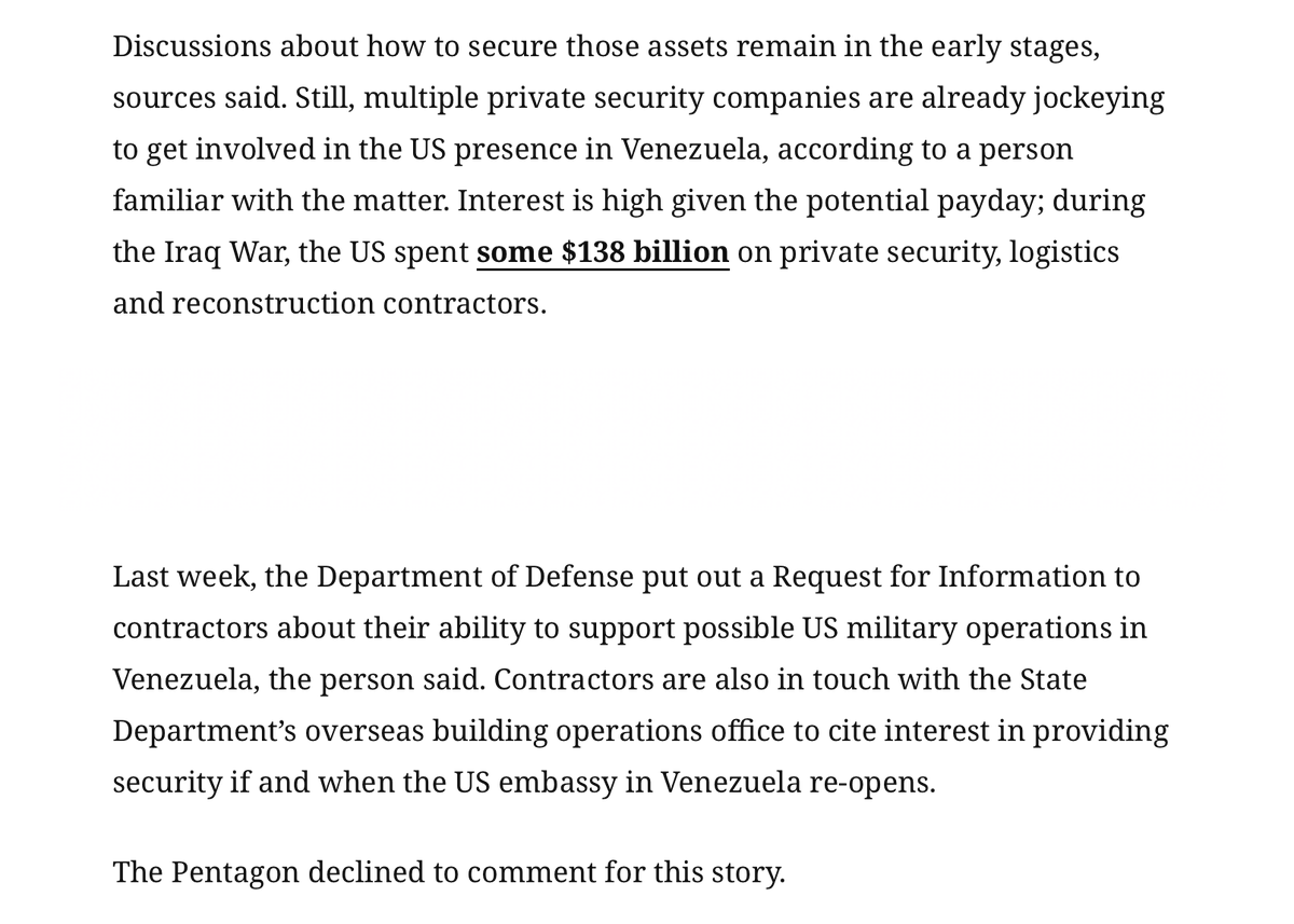 The Trump administration is preparing to use private military contractors to protect oil & energy assets in Venezuela rather than deploying US troops, sources tell, setting up a potential boon for security firms with  experience in region & ties to POTUS