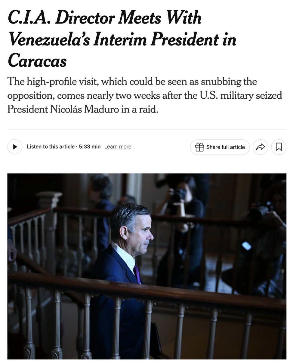 CIA Director John Ratcliffe met Venezuela’s interim President Delcy Rodríguez in Caracas, the highest-ranking US official to visit since the U.S. kidnapped Maduro. Source: NYT