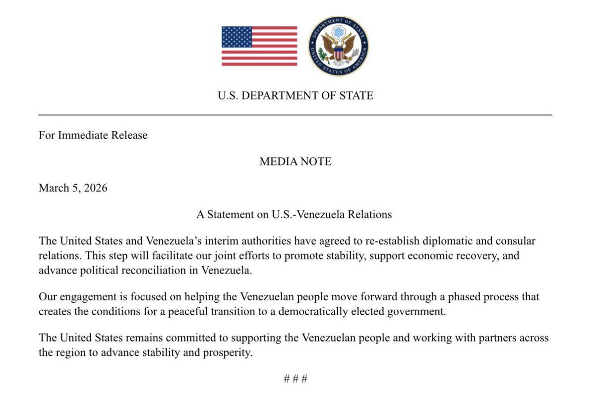Washington and Caracas agree to re-establish consular relations as ‘phased process’ begins toward democratic transition