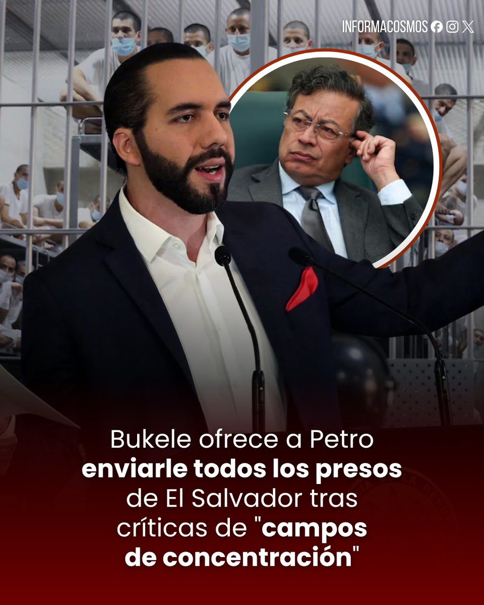 The president of El Salvador, Nayib Bukele, offered to transfer 100% of his country's prison population to Colombia in response to criticism from Gustavo Petro, who described Salvadoran prisons as rally camps. Bukele stated that if it constitutes a violation of human dignity, the Colombian government should accept all detainees under its love and life policy.