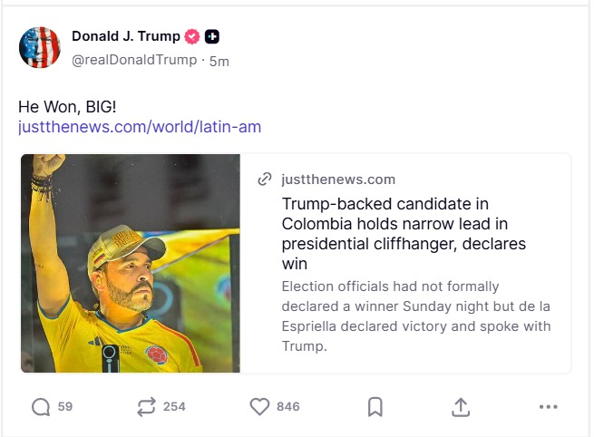 The President of the United States, Donald Trump, spoke out regarding the election results from this Sunday, June 21, in which Abelardo de la Espriella won the official pre-count
