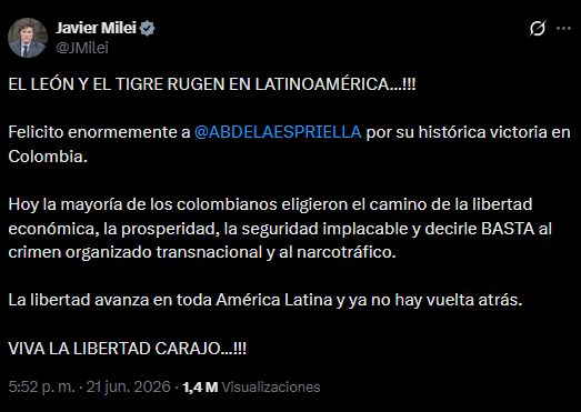 “Viva la libertad, carajo”: Argentina's president, Javier Milei, also reacted to the results of the presidential runoff in Colombia. Through his account on X, he congratulated Abelardo de la Espriella for what he described as a “historic victory.”