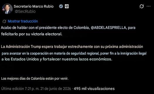 U.S. Secretary of State Marco Rubio @SecRubio said that he held a conversation with @ABDELAESPRIELLA to congratulate him on the election results, “The Trump Administration looks forward to working closely with your next government to advance regional security cooperation, put an end to illegal immigration to the United States, and strengthen economic ties between both nations,” the U.S. official noted