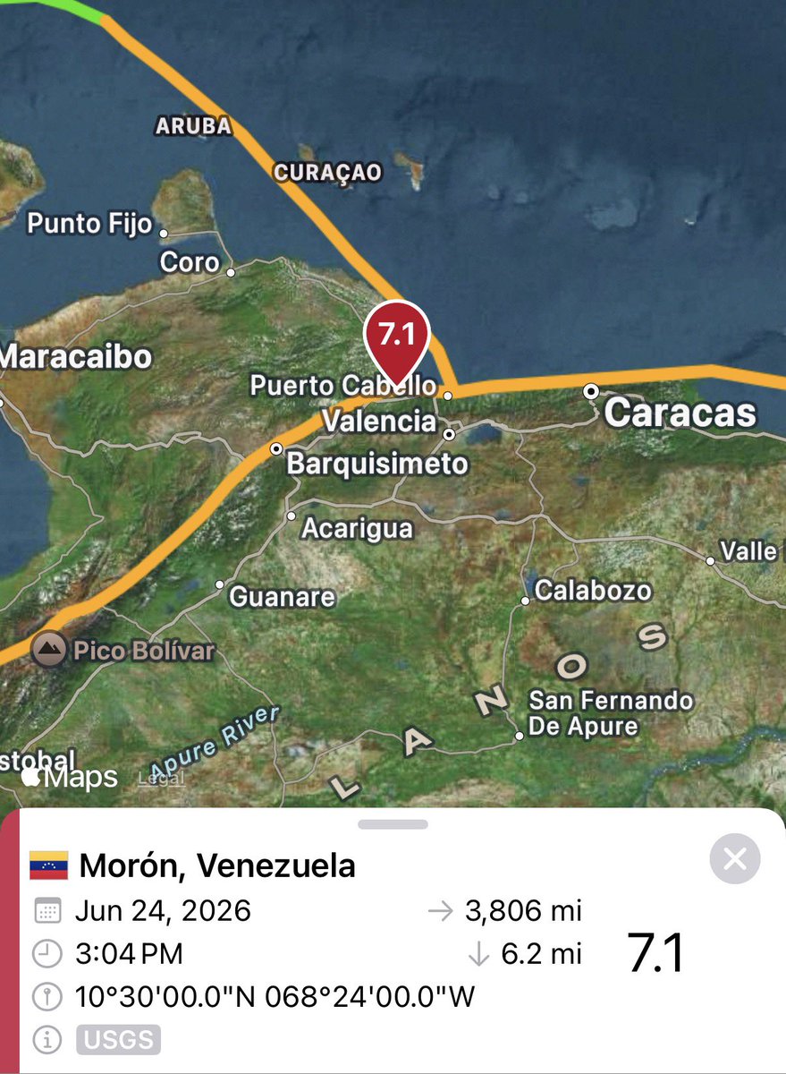 A magnitude 7.1 earthquake just struck Venezuela, 13 miles west of Morón. The 6th strongest earthquake to ever strike the country